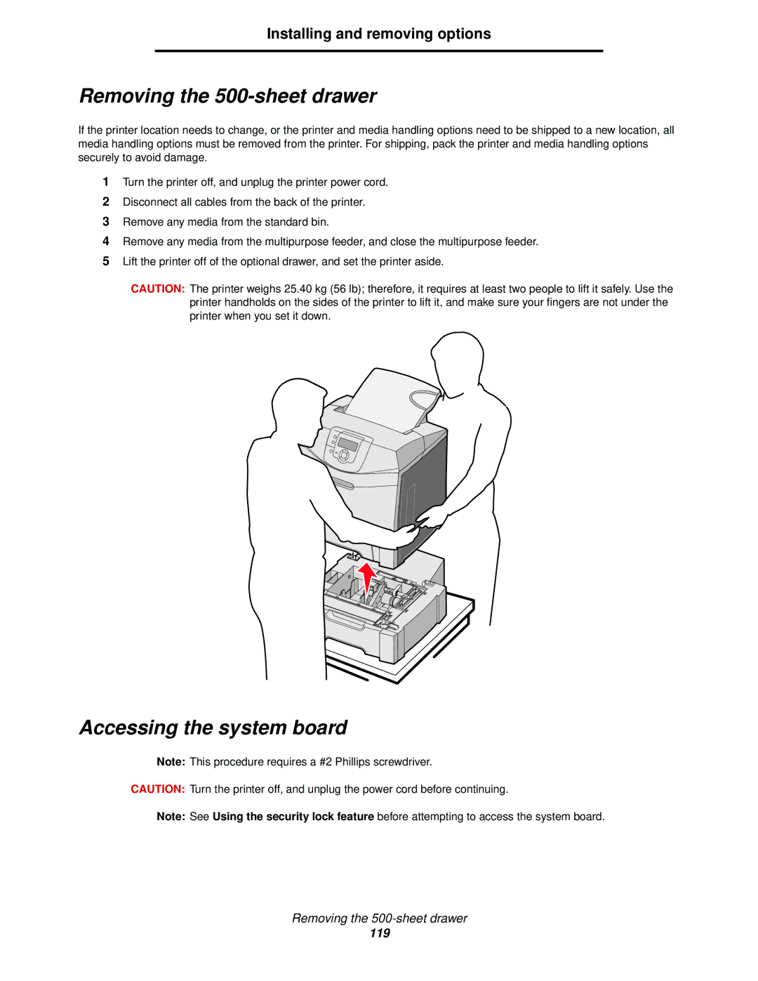 Lexmark C522, C524, C520 manual Removing the 500-sheet drawer, Accessing the system board, Installing and removing options 