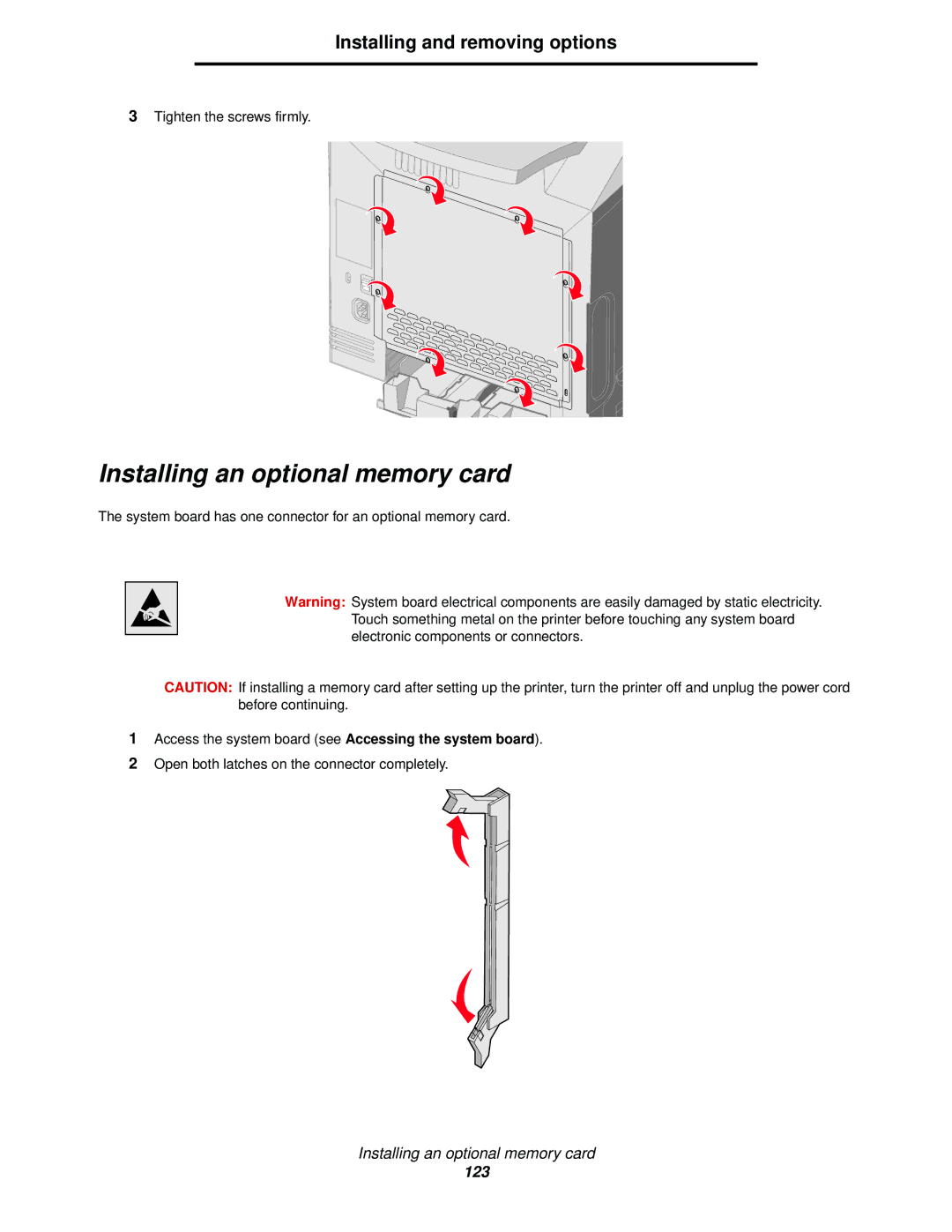 Lexmark C524, C520, C522 manual Installing an optional memory card 