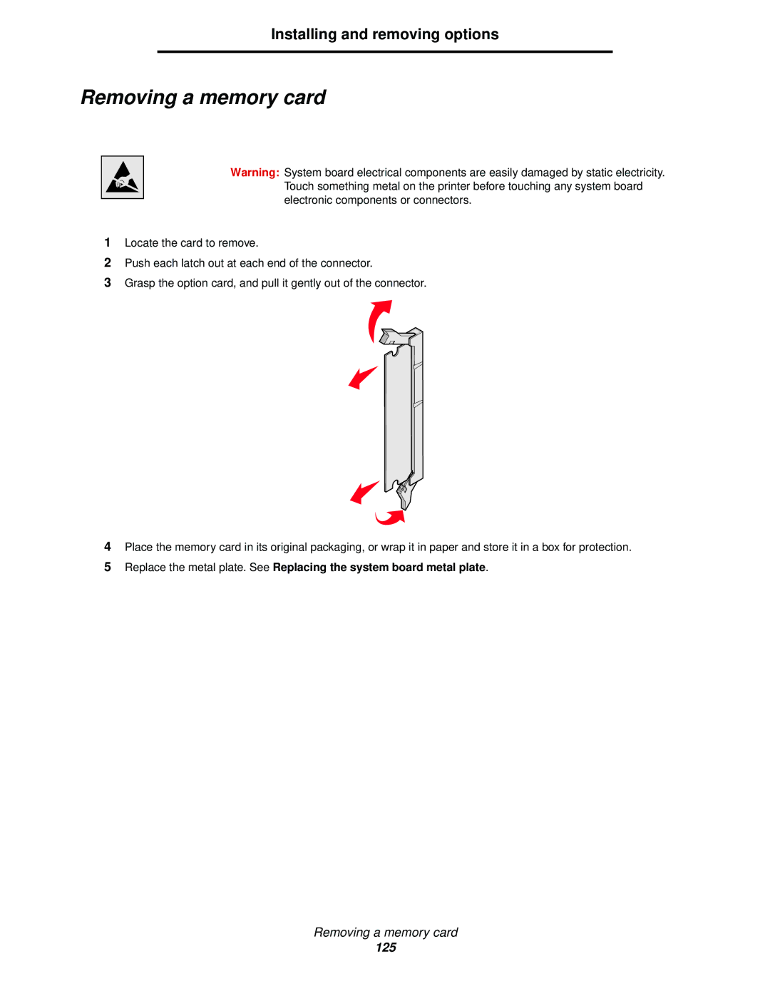 Lexmark C522, C524, C520 manual Removing a memory card 