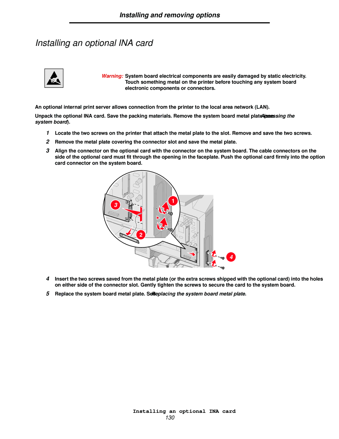 Lexmark C520, C524, C522 manual Installing an optional INA card 