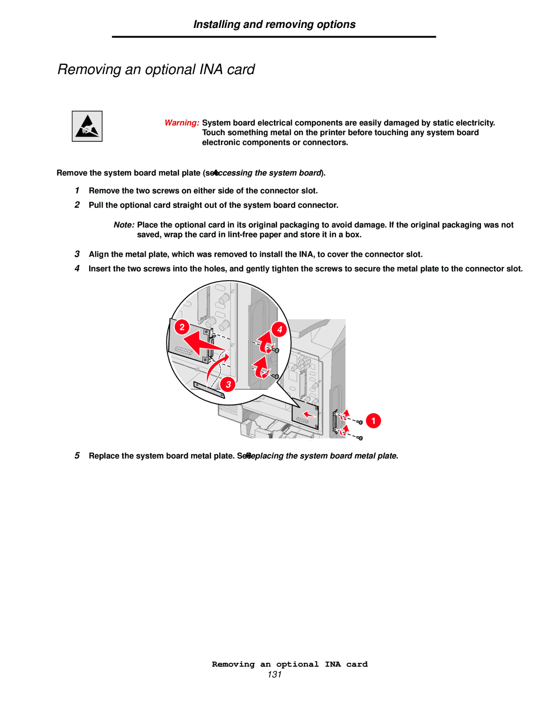 Lexmark C522, C524, C520 manual Removing an optional INA card 