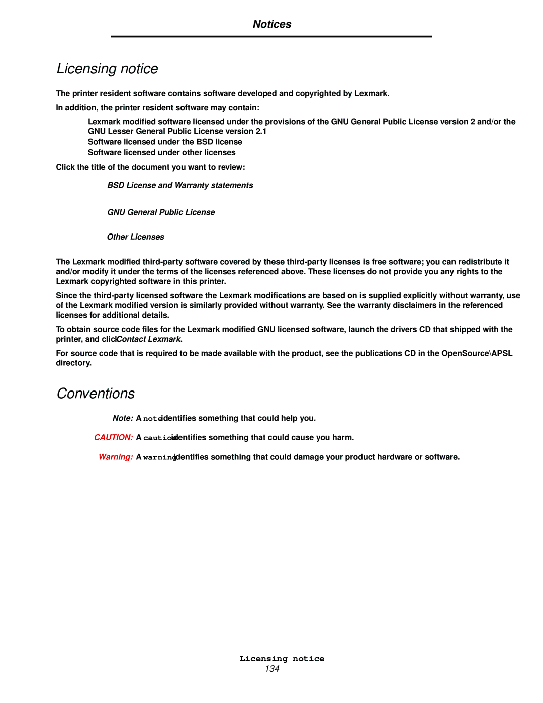 Lexmark C522, C524, C520 manual Licensing notice, Conventions 