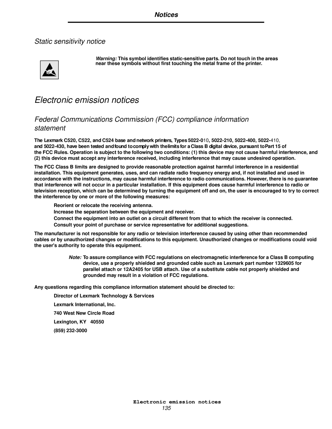 Lexmark C524, C520, C522 manual Electronic emission notices, Static sensitivity notice 