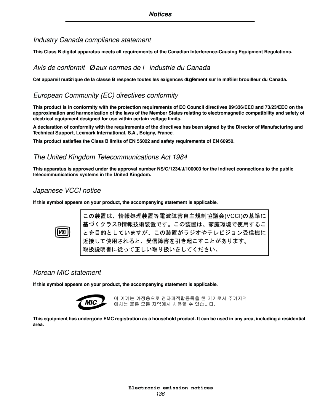 Lexmark C520, C524, C522 manual Industry Canada compliance statement, Avis de conformité aux normes de l’industrie du Canada 