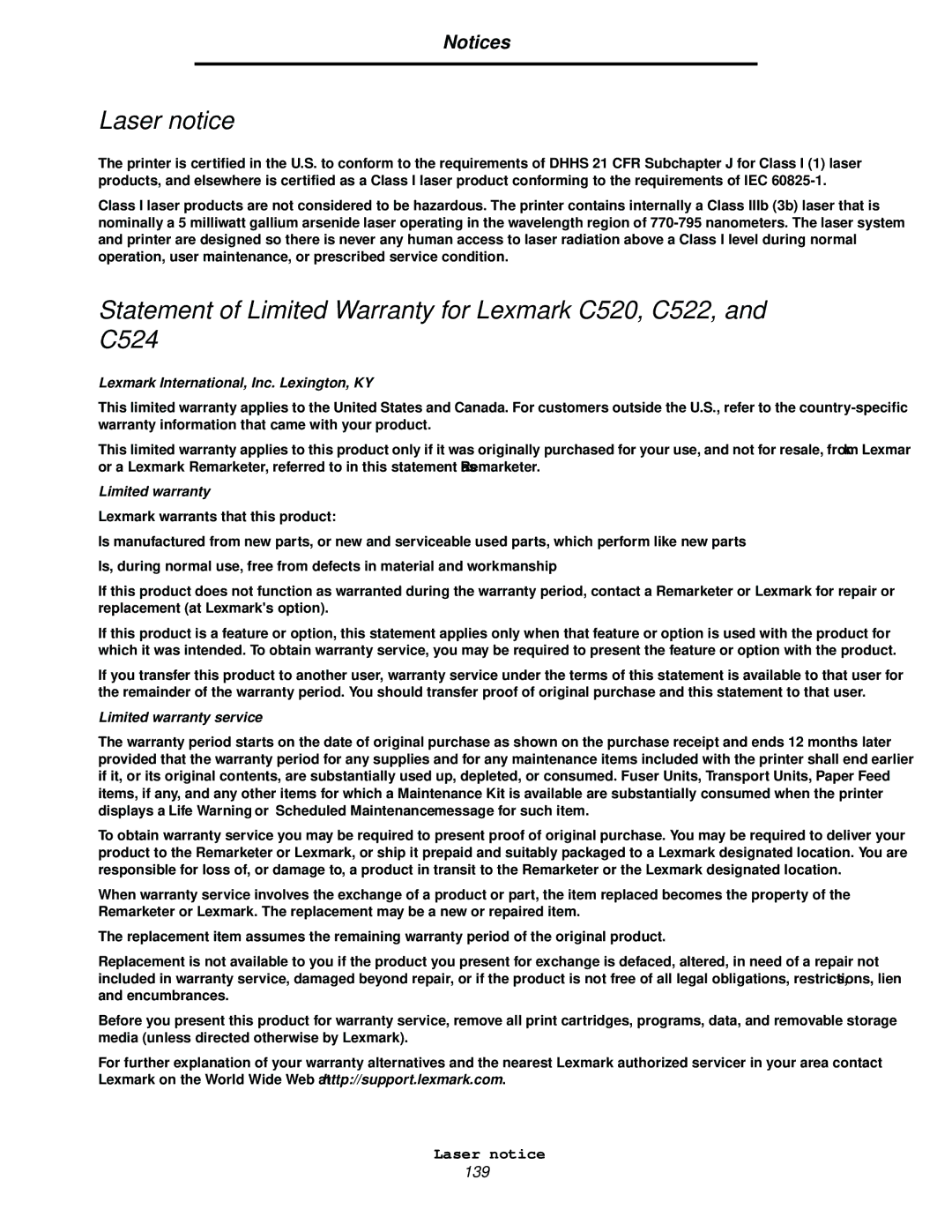 Lexmark C520, C524, C522 manual Laser notice, Lexmark International, Inc. Lexington, KY, Limited warranty service 