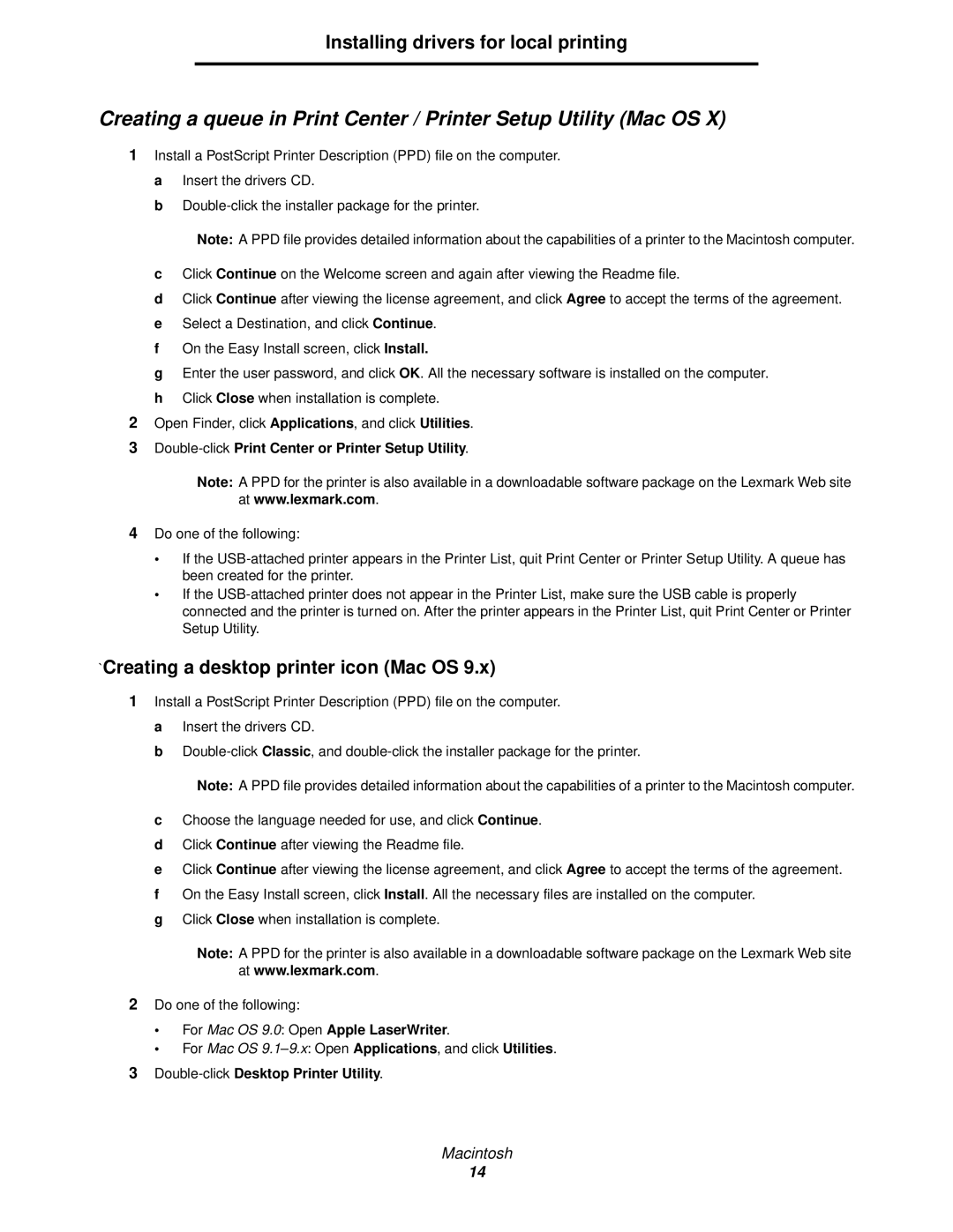 Lexmark C522, C524, C520 manual `Creating a desktop printer icon Mac OS, Double-clickPrint Center or Printer Setup Utility 