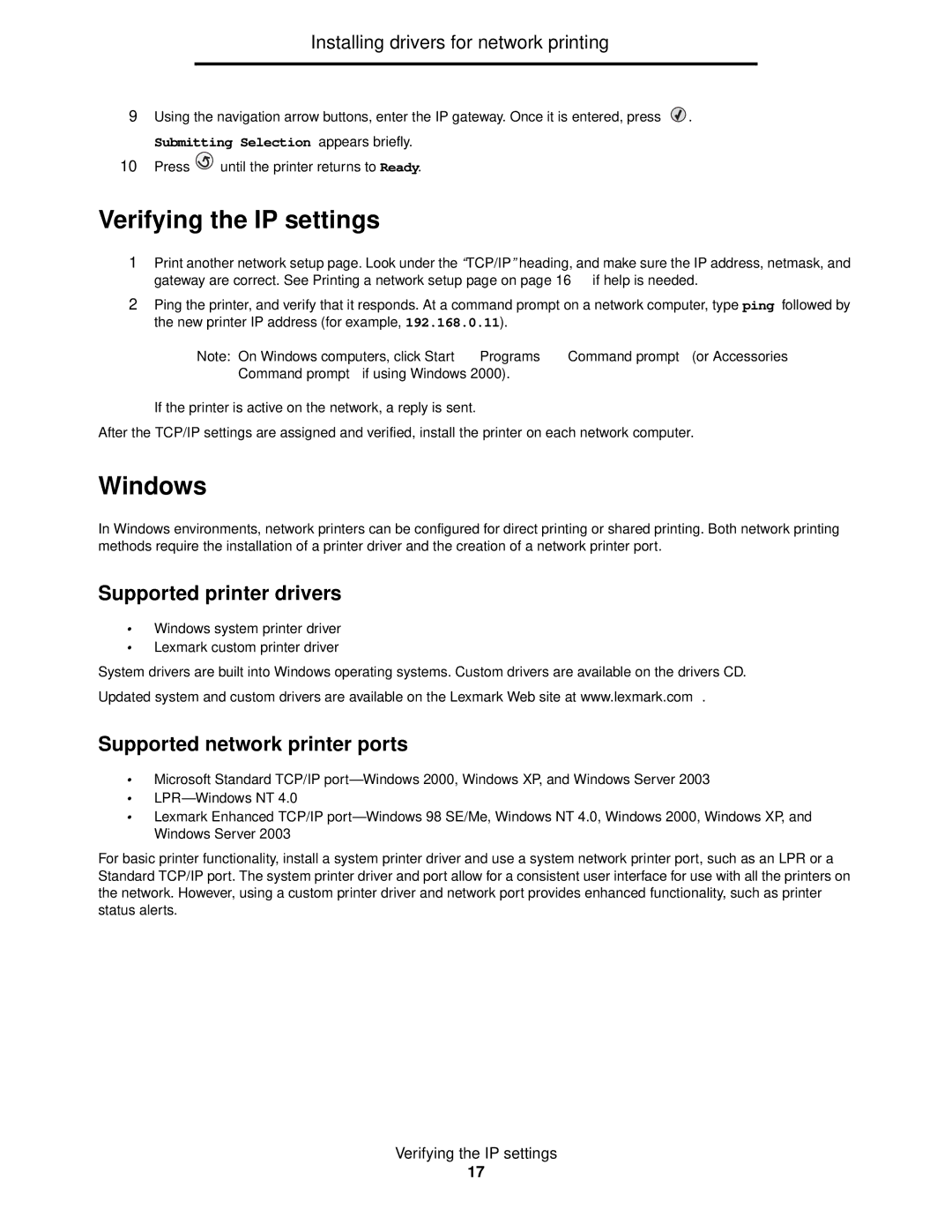 Lexmark C522, C524, C520 manual Verifying the IP settings, Supported printer drivers, Supported network printer ports 