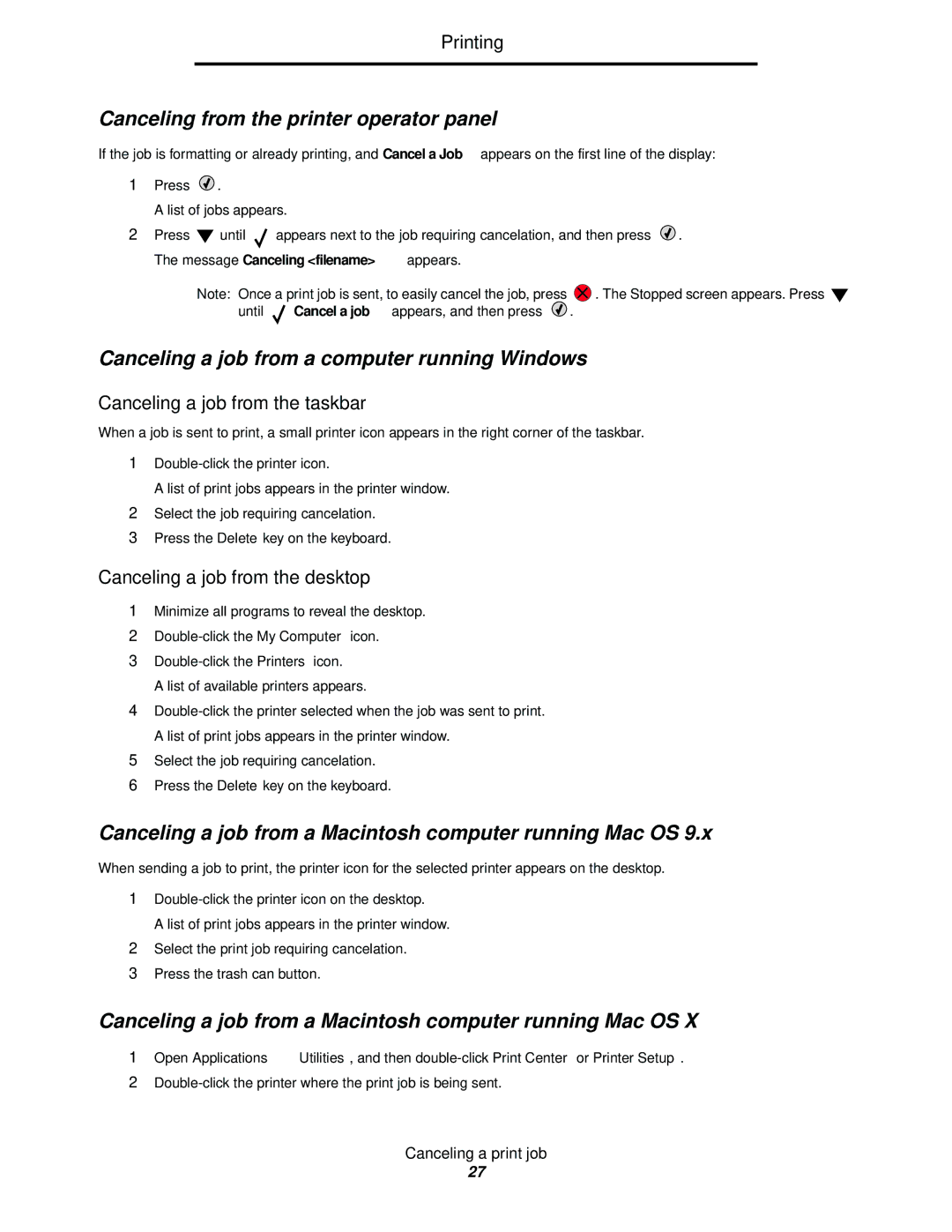 Lexmark C524, C520, C522 manual Canceling from the printer operator panel, Canceling a job from a computer running Windows 