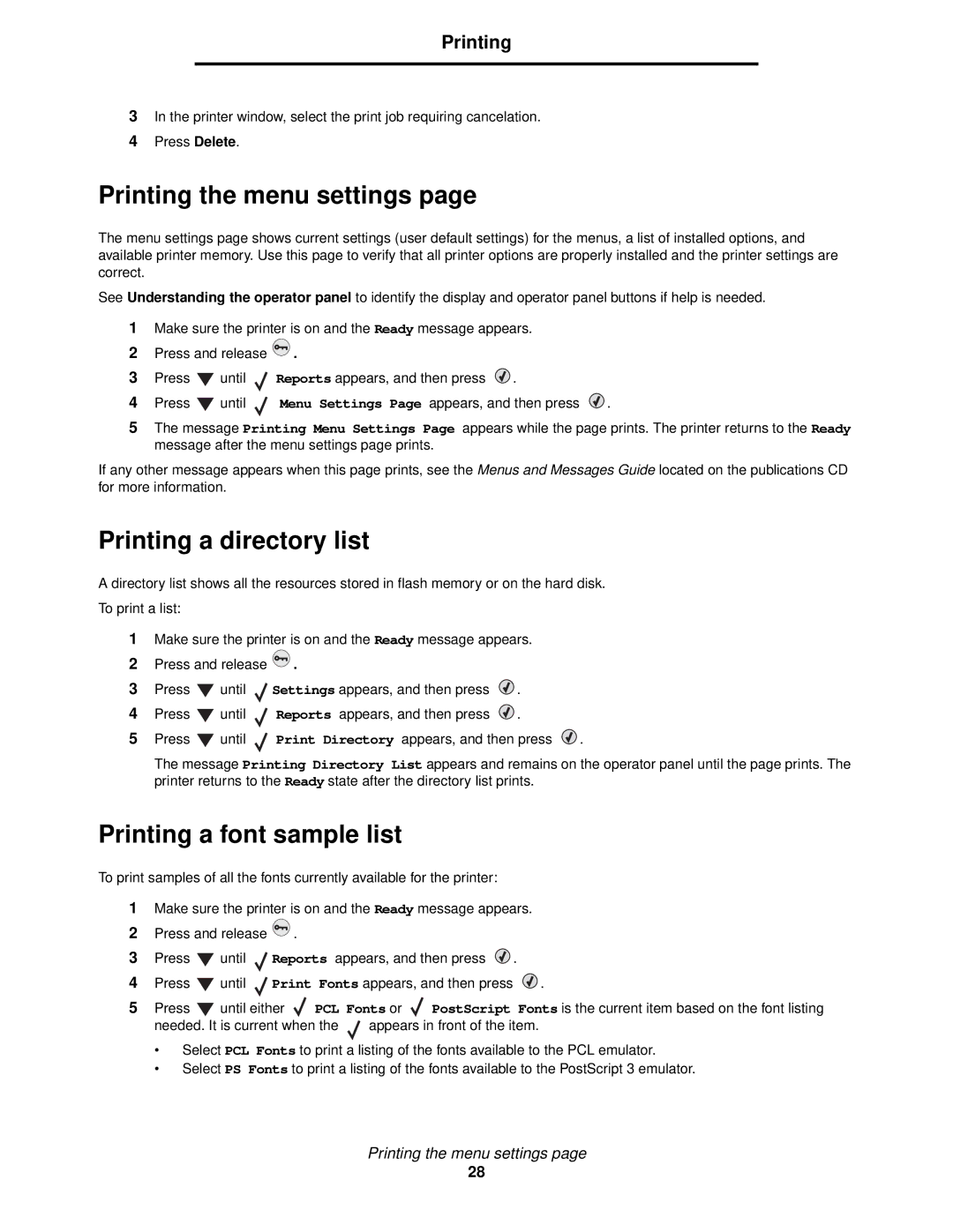 Lexmark C520, C524, C522 manual Printing the menu settings, Printing a directory list, Printing a font sample list 