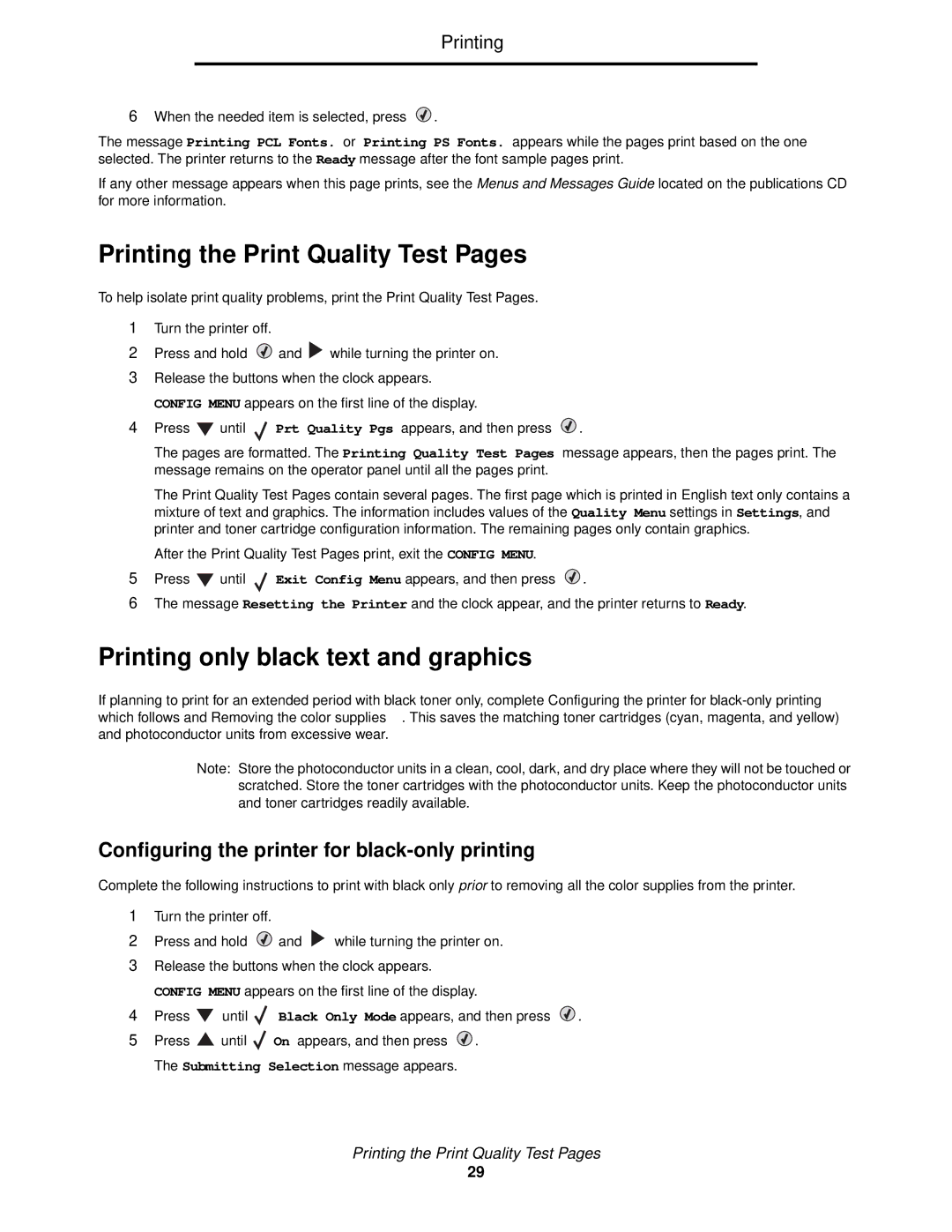 Lexmark C522, C524, C520 manual Printing the Print Quality Test Pages, Printing only black text and graphics 