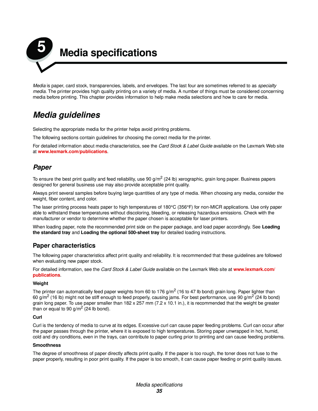 Lexmark C522, C524, C520 manual Media guidelines, Paper characteristics 