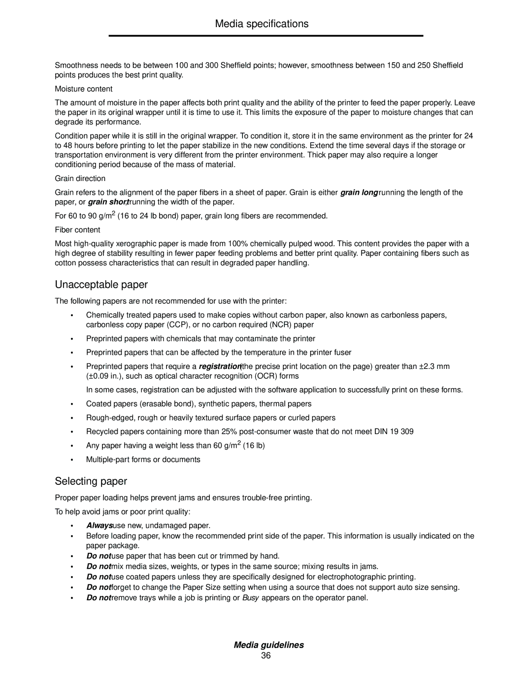 Lexmark C524, C520, C522 manual Media specifications, Unacceptable paper, Selecting paper 