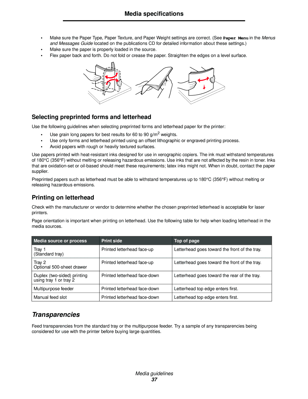 Lexmark C520, C524, C522 manual Transparencies, Selecting preprinted forms and letterhead, Printing on letterhead 