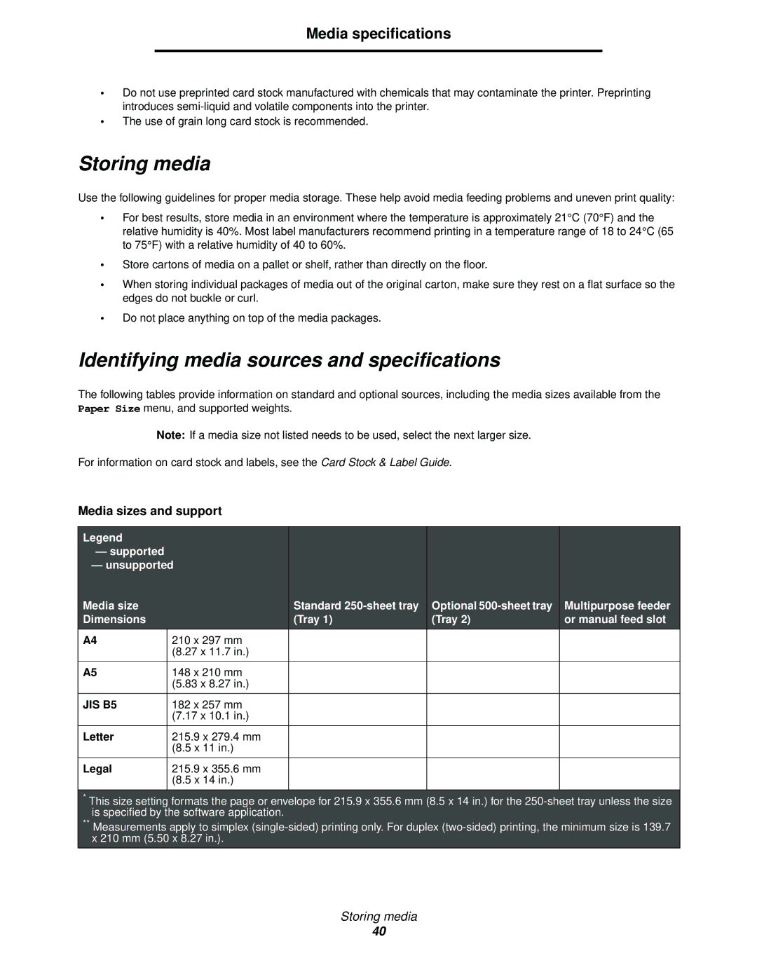 Lexmark C520, C524, C522 manual Storing media, Identifying media sources and specifications, Letter, Legal 