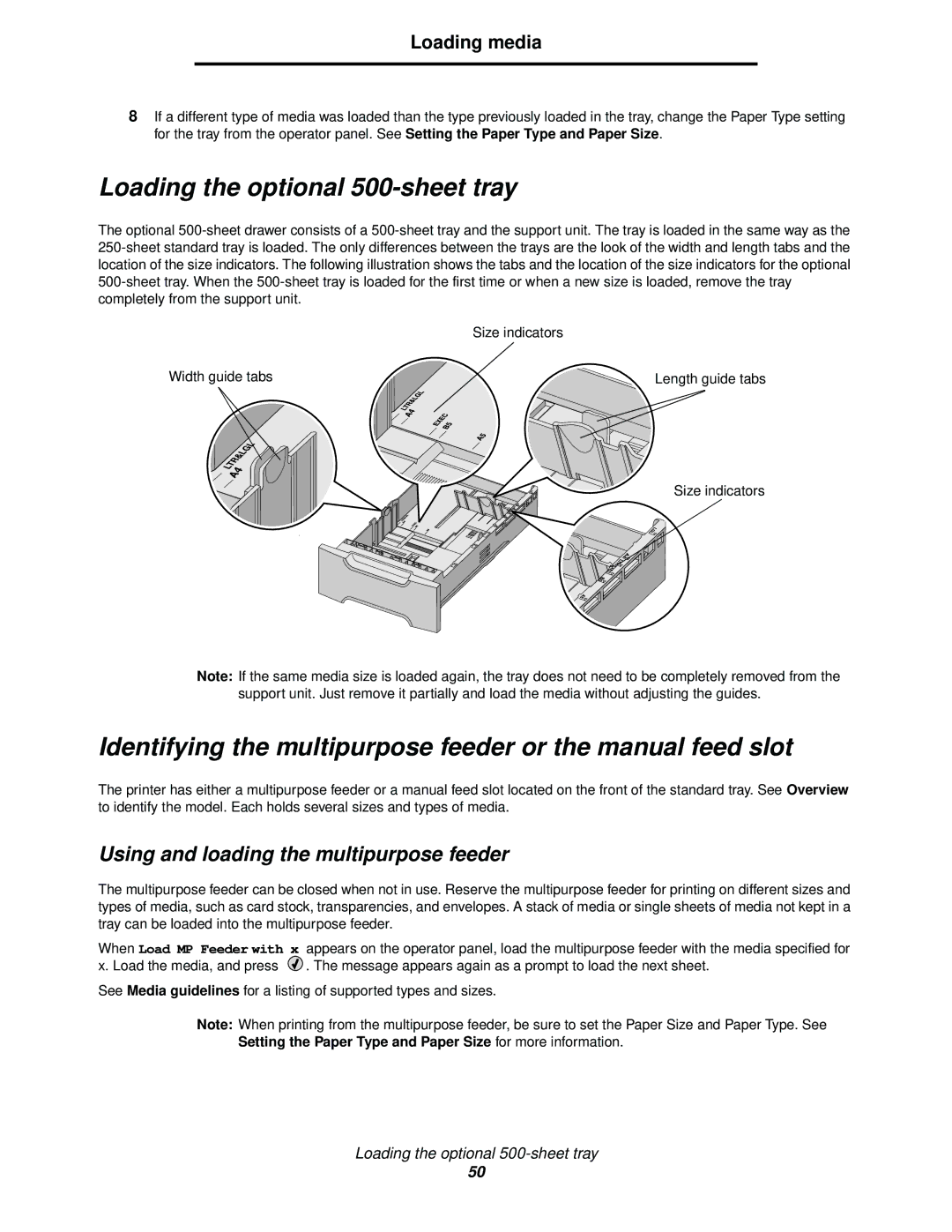 Lexmark C522, C524, C520 Loading the optional 500-sheet tray, Identifying the multipurpose feeder or the manual feed slot 