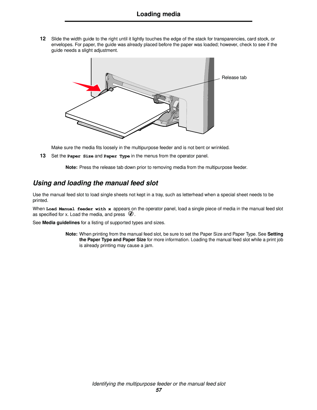 Lexmark C524, C520, C522 Using and loading the manual feed slot 