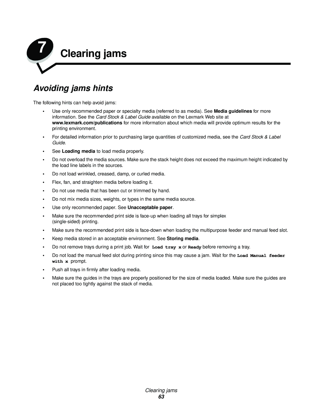 Lexmark C524, C520, C522 manual Clearing jams, Avoiding jams hints 