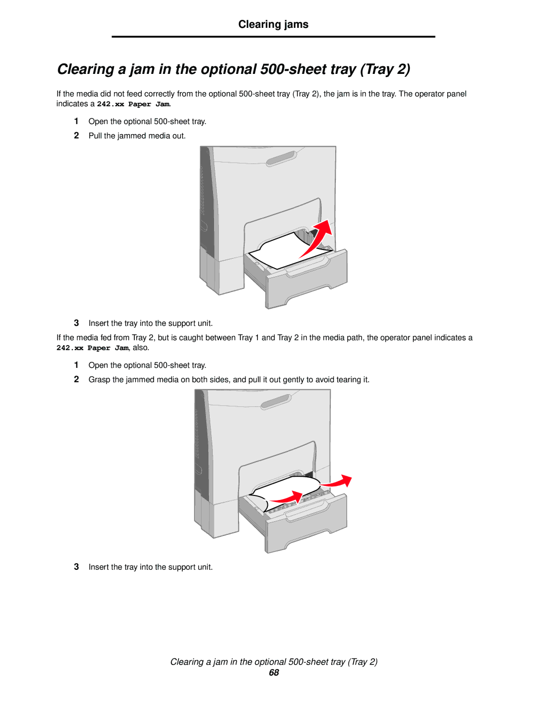 Lexmark C522, C524, C520 manual Clearing a jam in the optional 500-sheet tray Tray 