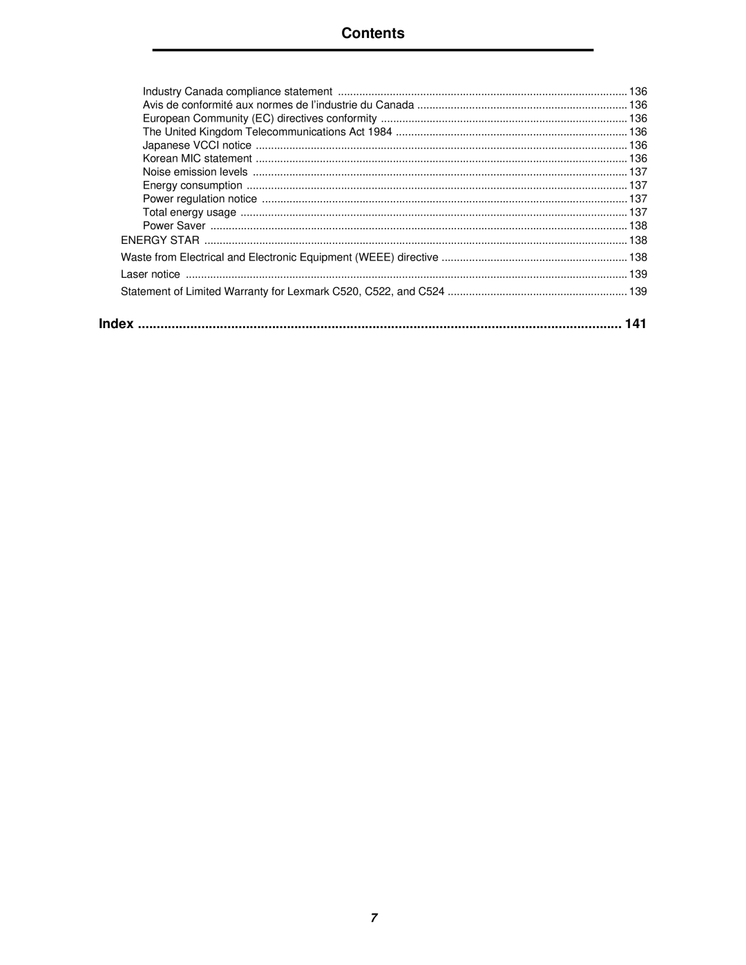 Lexmark C520, C524, C522 manual Index 141 