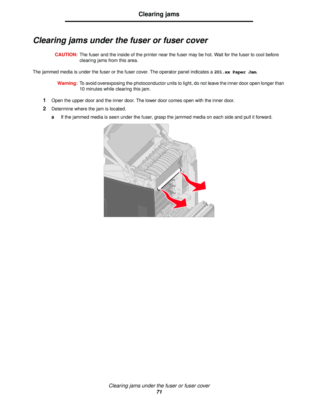 Lexmark C522, C524, C520 manual Clearing jams under the fuser or fuser cover 