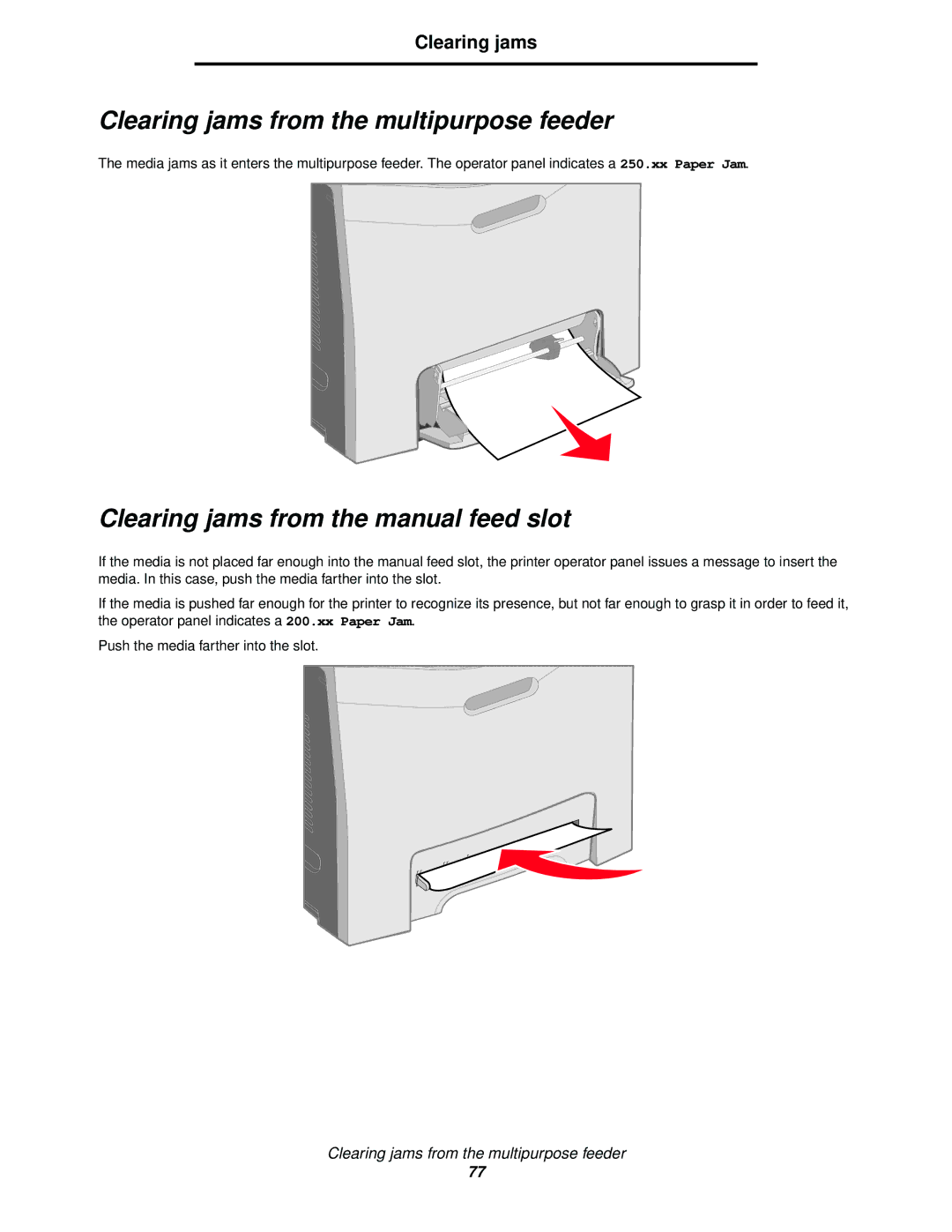 Lexmark C522, C524, C520 Clearing jams from the multipurpose feeder, Clearing jams from the manual feed slot 