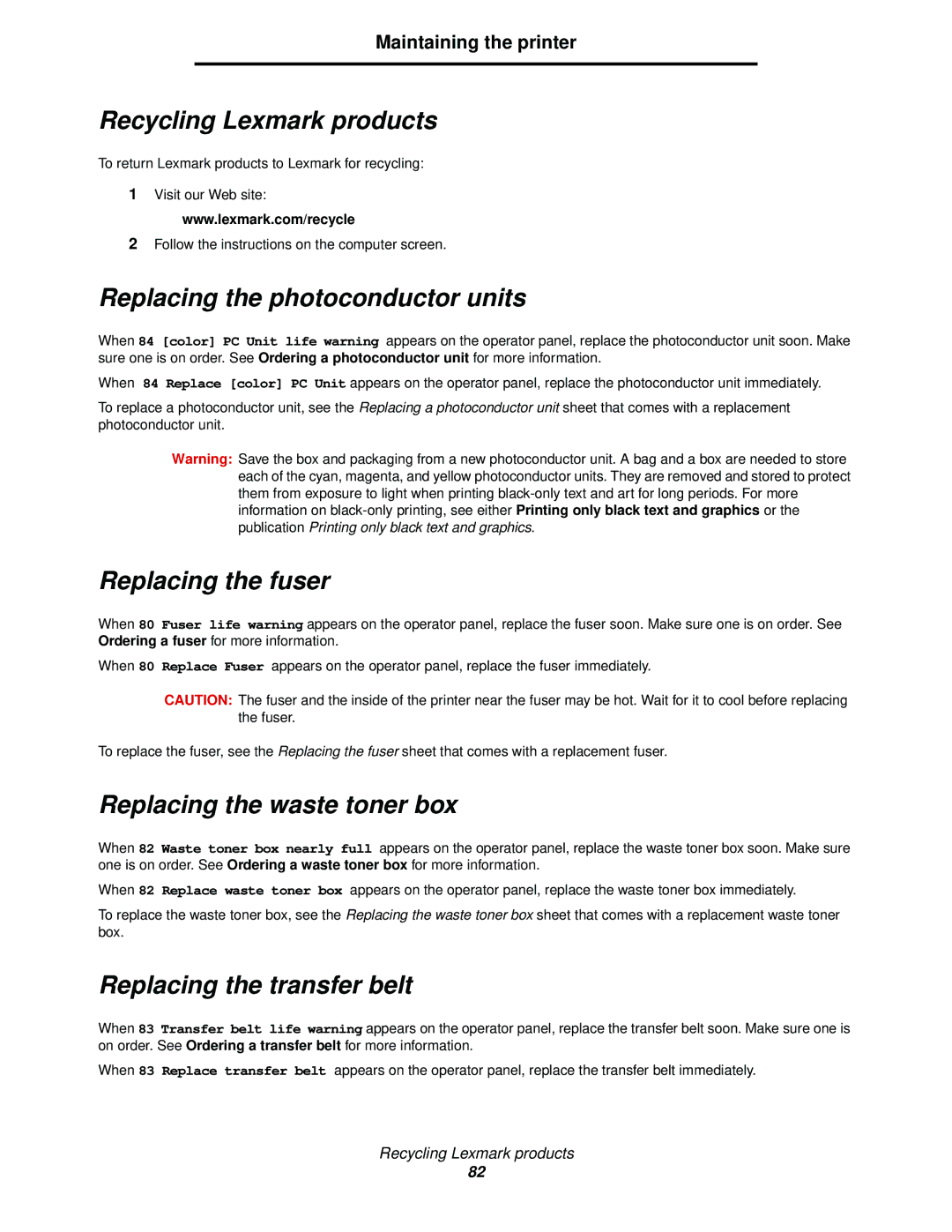 Lexmark C520, C524, C522 manual Recycling Lexmark products, Replacing the photoconductor units, Replacing the fuser 