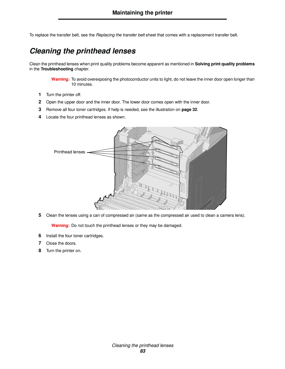 Lexmark C522, C524, C520 manual Cleaning the printhead lenses 