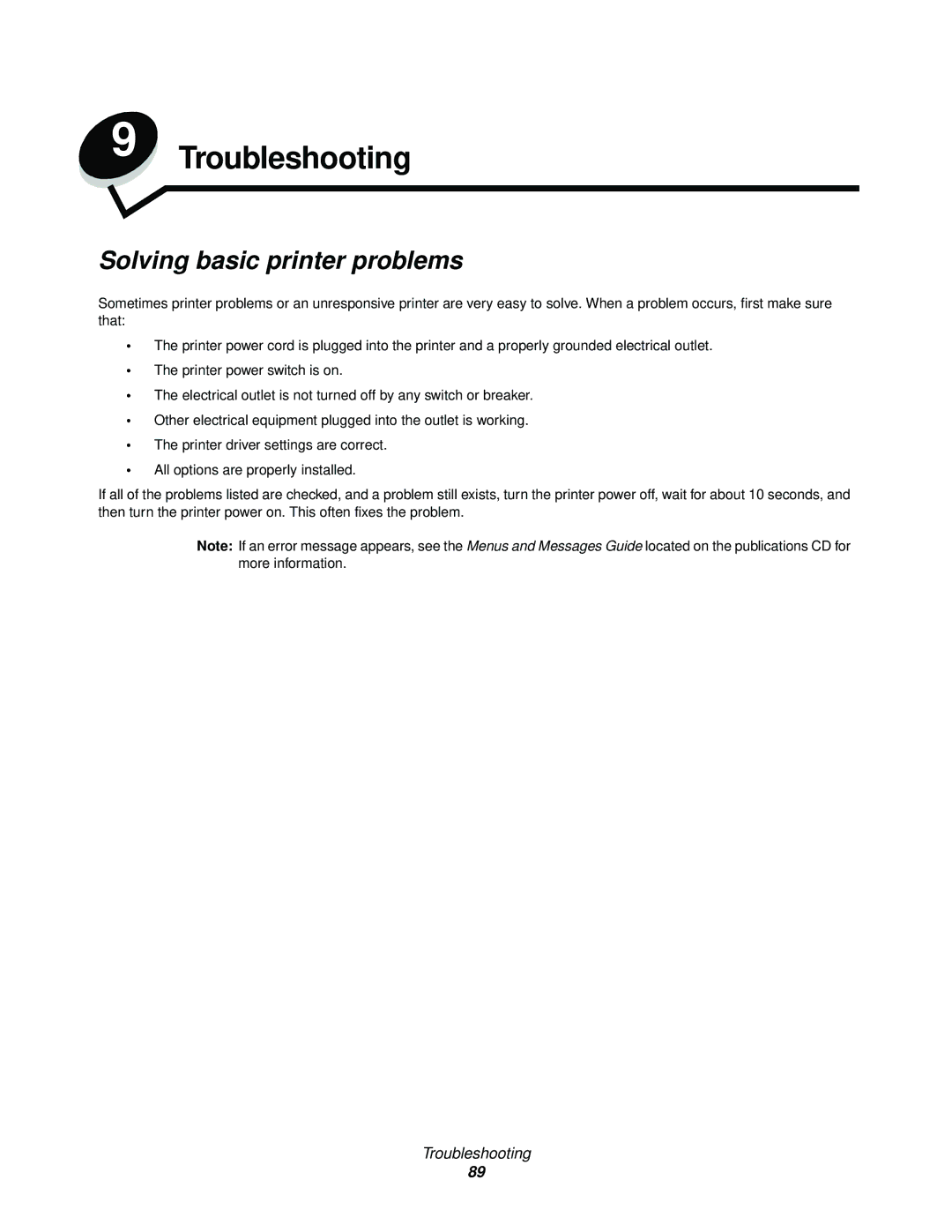 Lexmark C522, C524, C520 manual Troubleshooting, Solving basic printer problems 