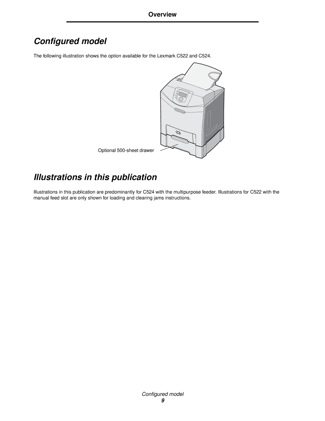 Lexmark C524, C520, C522 manual Configured model, Illustrations in this publication, Overview 