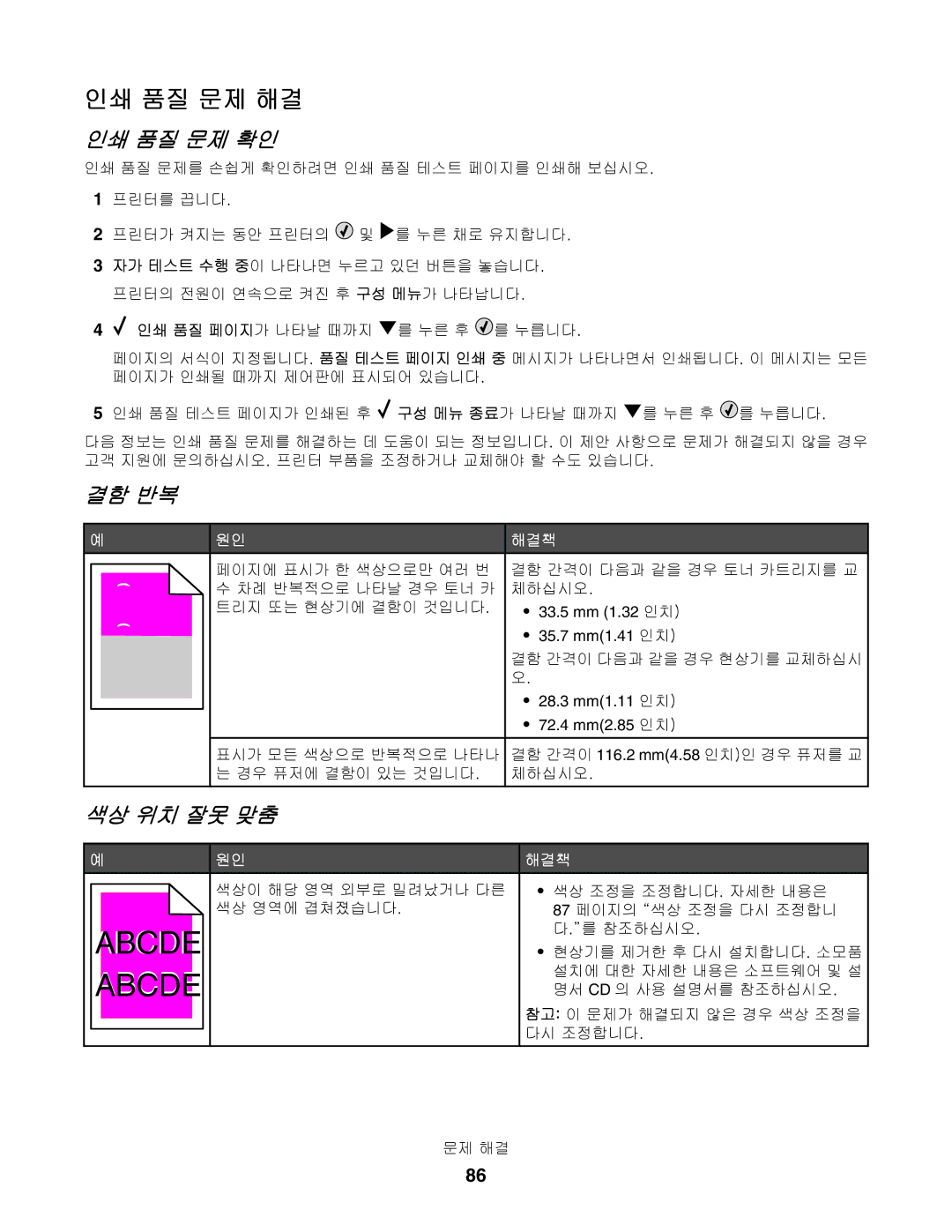 Lexmark C534, C530, C532 manual 인쇄 품질 문제 해결, 인쇄 품질 문제 확인, 결함 반복, 색상 위치 잘못 맞춤 