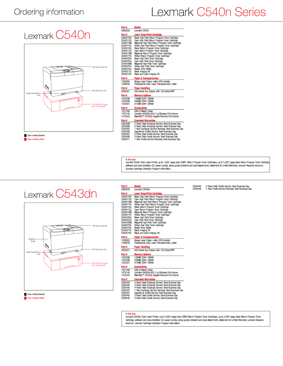 Lexmark C544, C540 Series manual Ordering information, Lexmark C543dn, Lexmark C540n Series, In the box 