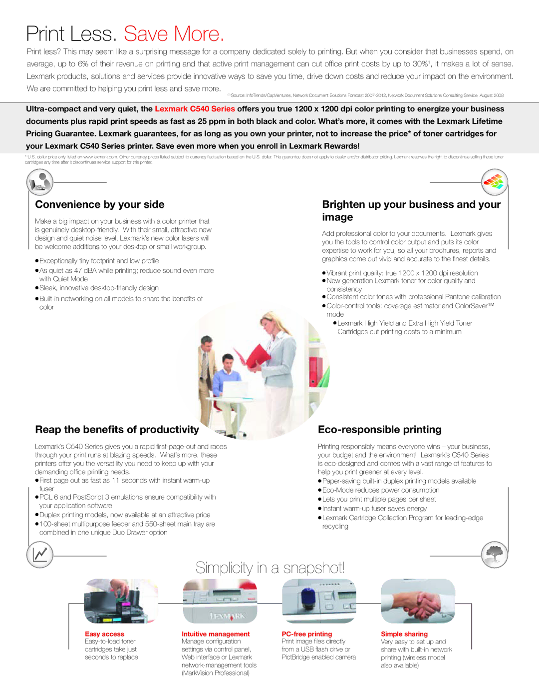 Lexmark C540 Series, C544 manual Print Less. Save More, Simplicity in a snapshot 