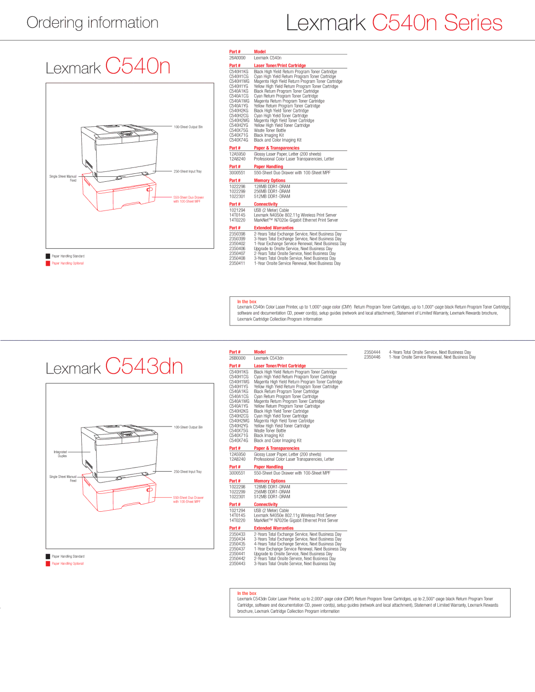 Lexmark C544, C540 Series manual Ordering information, Lexmark C540n, Lexmark C543dn 