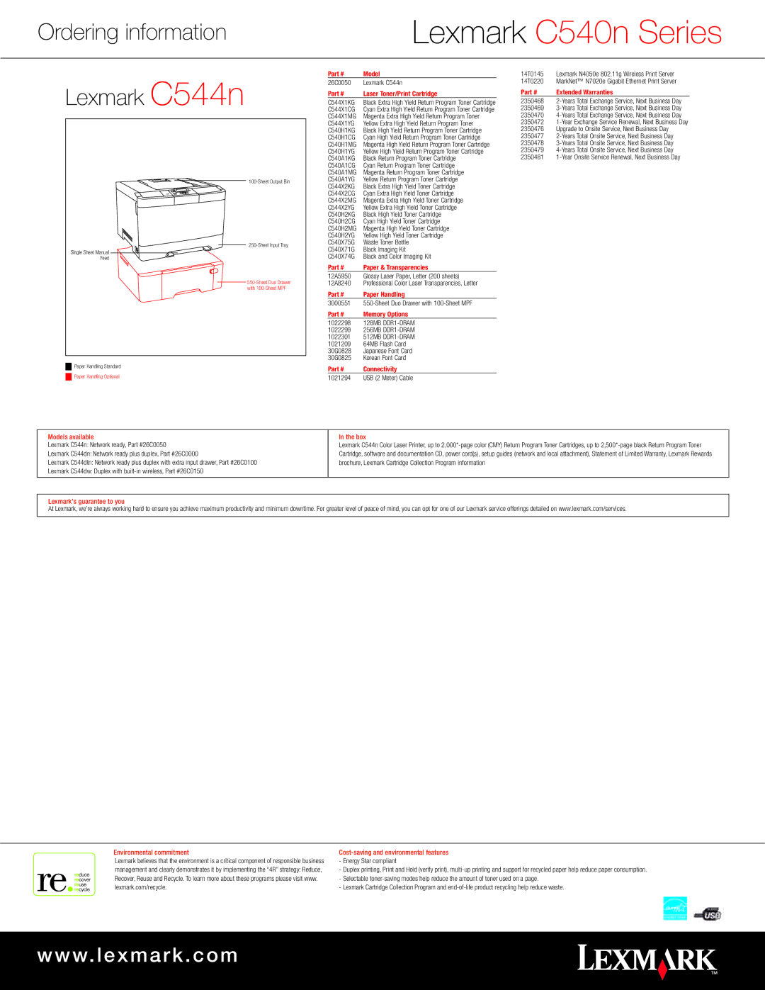 Lexmark C540 Series manual Lexmark C544n, USB 2 Meter Cable, Models available 