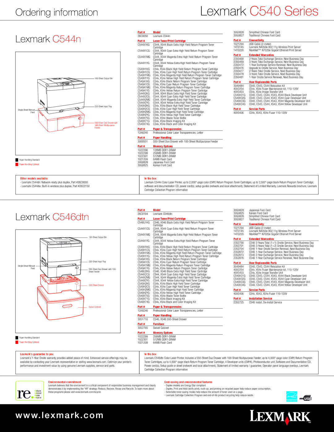 Lexmark C540N, C543DN, C546 DTN, C544 MODELS manual Lexmark C544n, Lexmark C546dtn, Furniture, Installation Service 