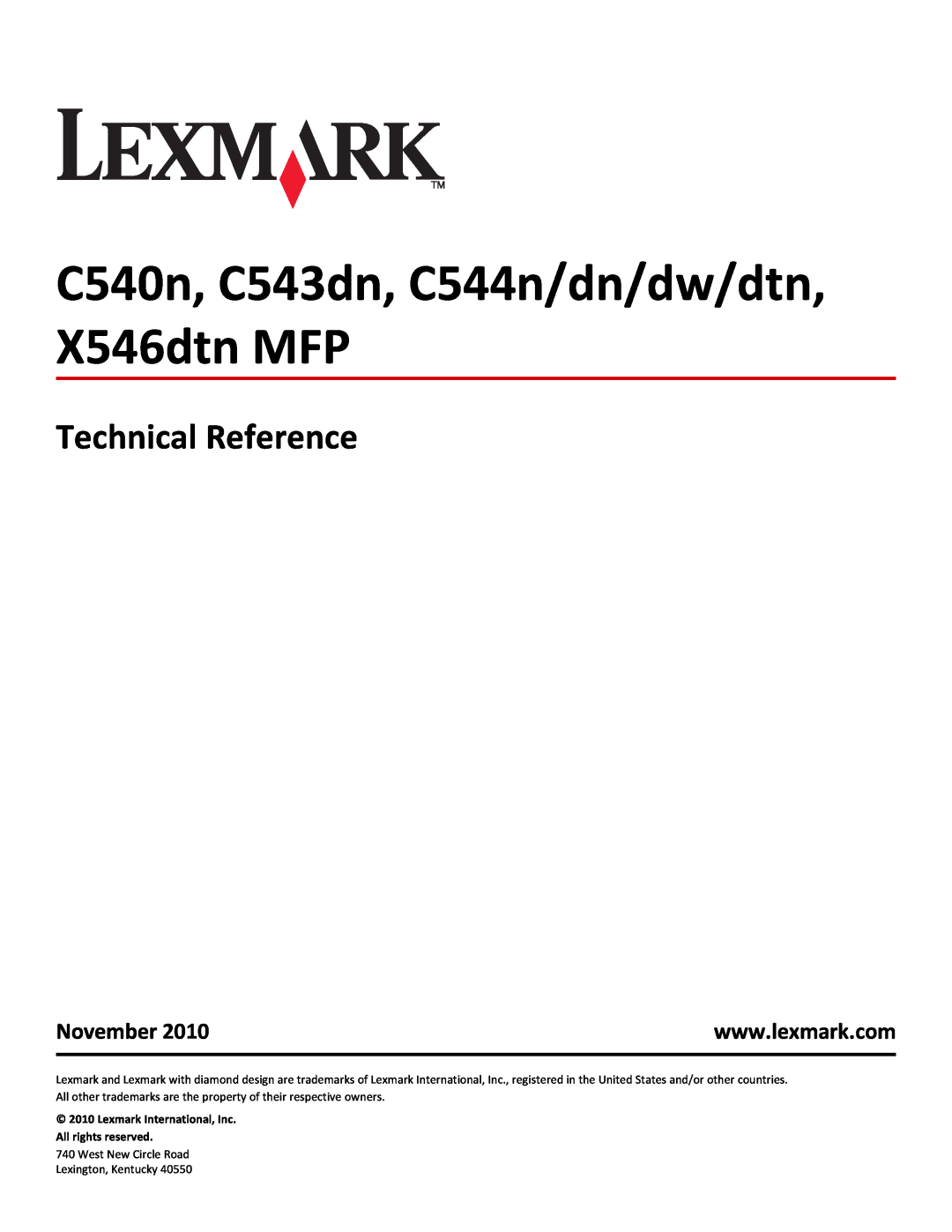 Lexmark X546DTN MFP, C544N/DN/DW/DTN manual Technical Reference, November, C540n, C543dn, C544n/dn/dw/dtn, X546dtn MFP 