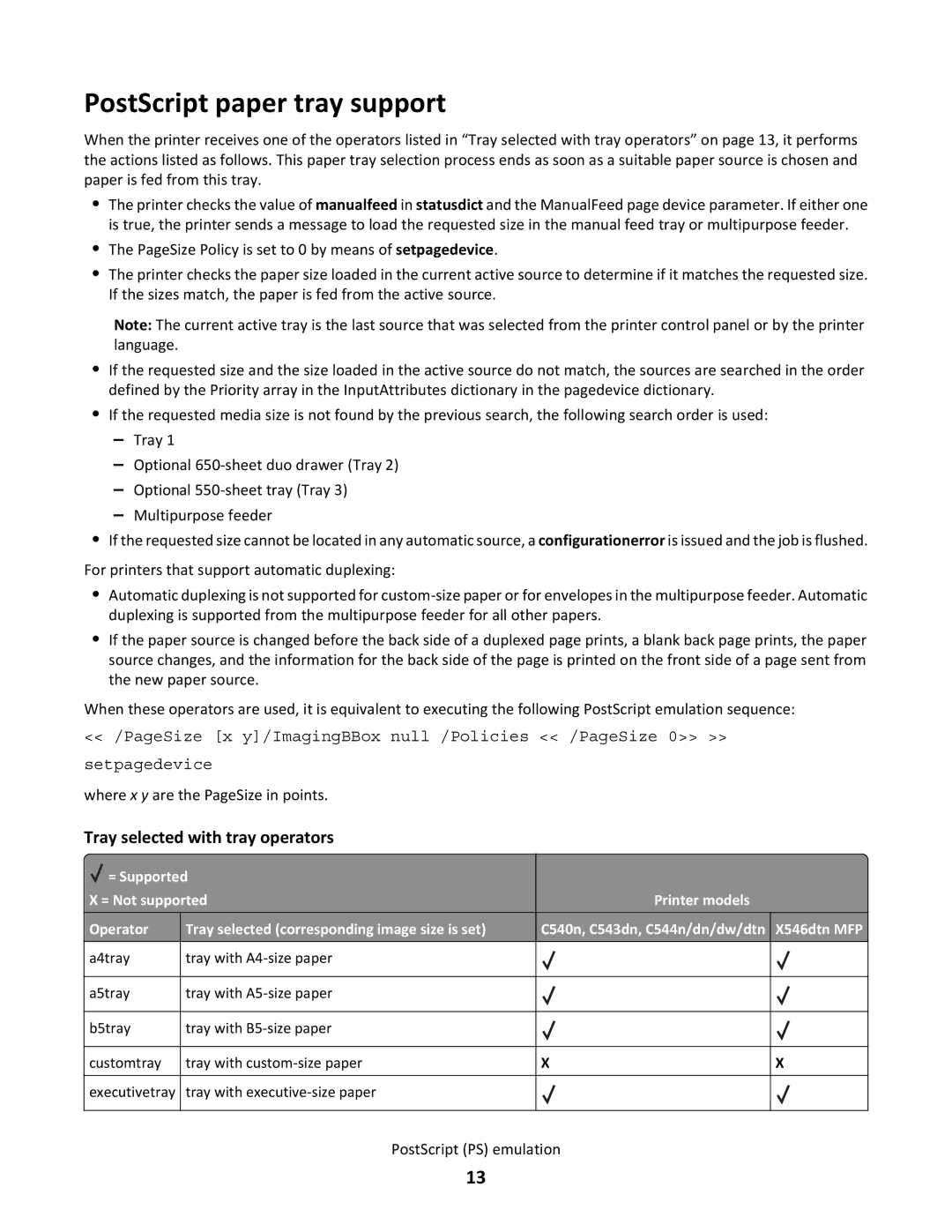 Lexmark X546DTN MFP, C544N/DN/DW/DTN manual PostScript paper tray support, Tray selected with tray operators 