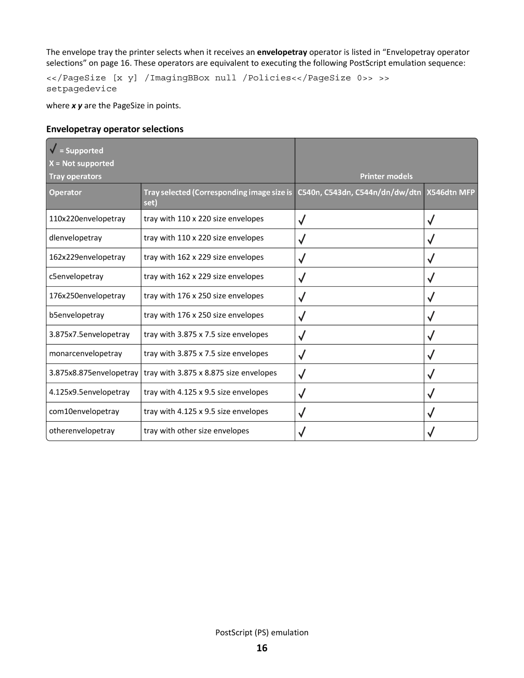 Lexmark C544N/DN/DW/DTN, X546DTN MFP manual Envelopetray operator selections 