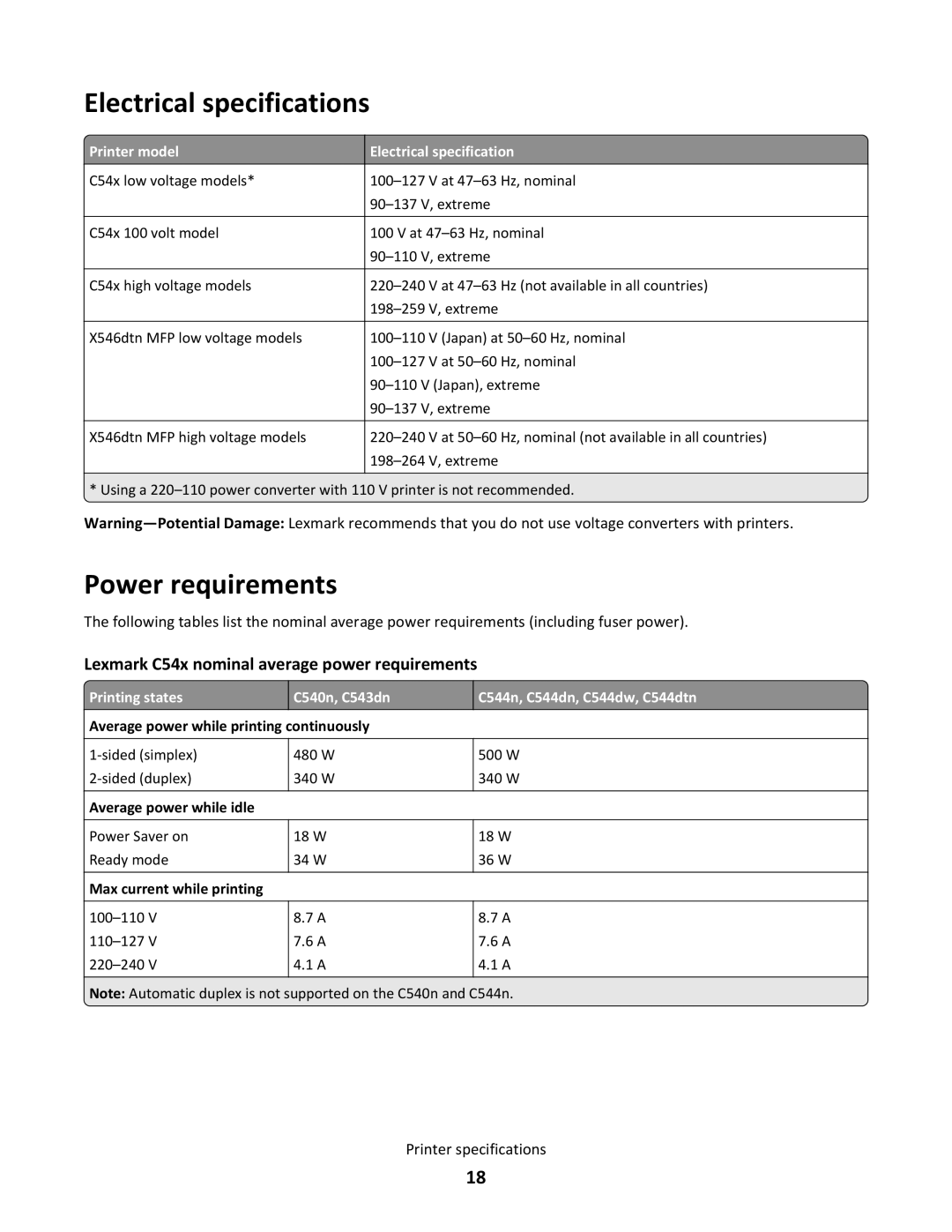 Lexmark C544N/DN/DW/DTN, X546DTN MFP manual Electrical specifications, Power requirements 