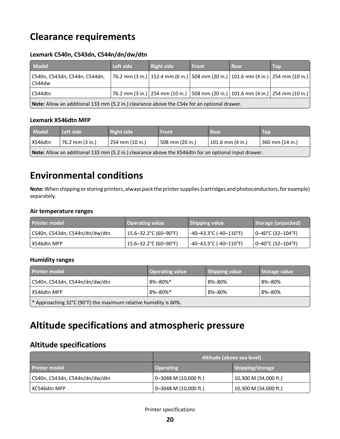 Lexmark C544N/DN/DW/DTN Clearance requirements, Environmental conditions, Altitude specifications and atmospheric pressure 