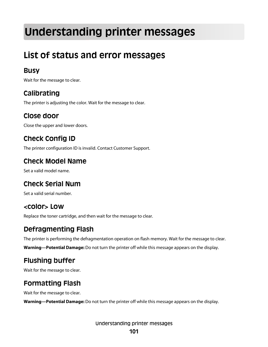 Lexmark C54x Series manual Und ersta ndin g print e r message s, List of status and error messages 