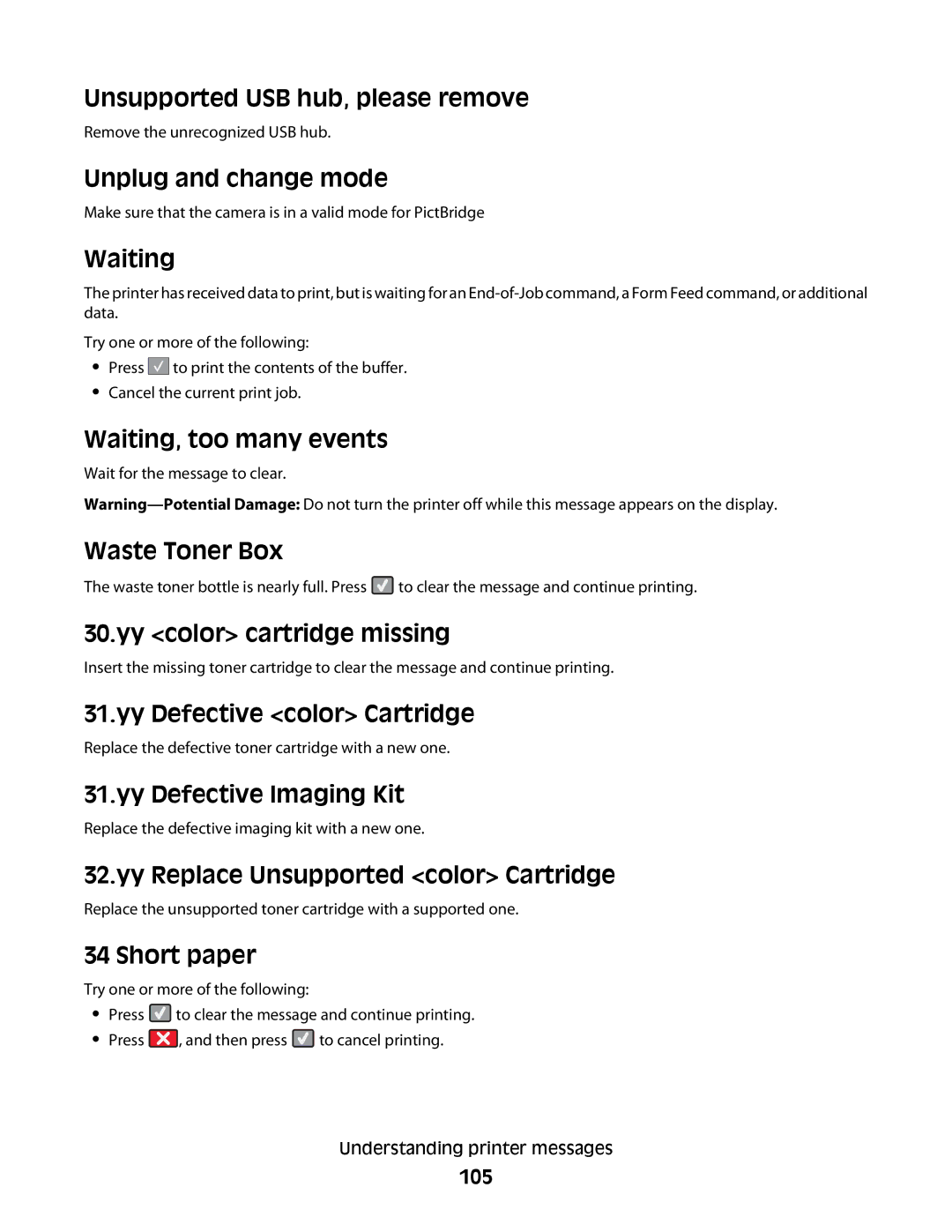 Lexmark C54x Series Unsupported USB hub, please remove, Unplug and change mode, Waiting, too many events, Short paper 