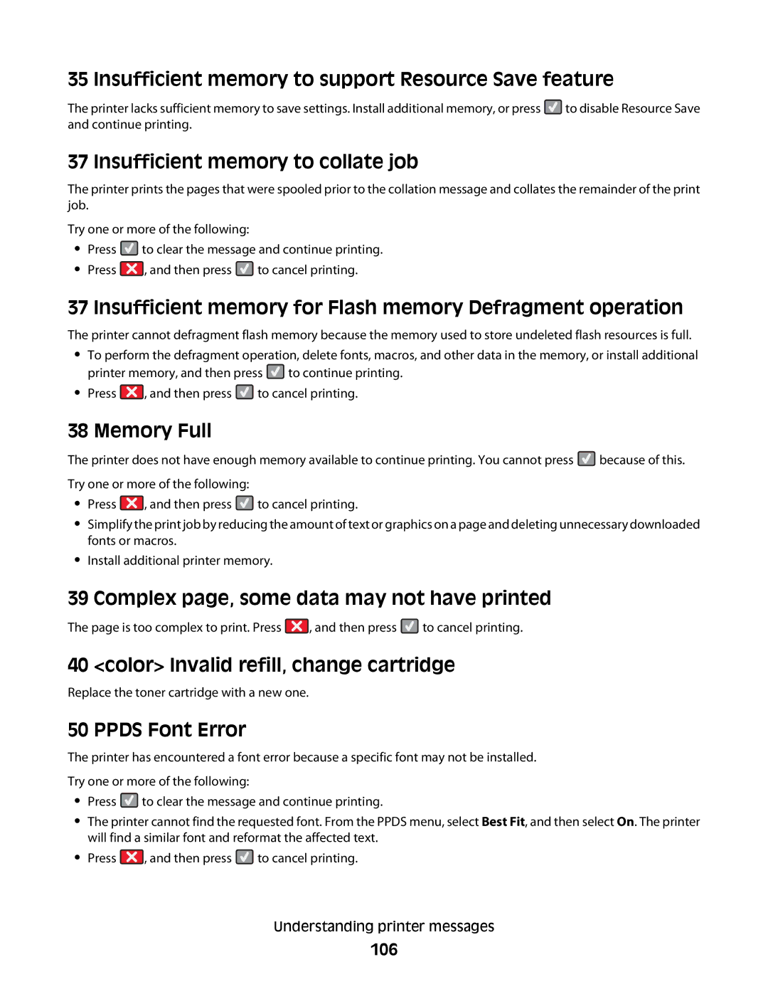 Lexmark C54x Series Insufficient memory to support Resource Save feature, Insufficient memory to collate job, Memory Full 