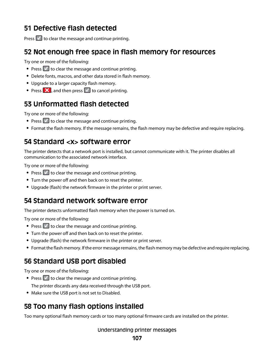 Lexmark C54x Series manual Defective flash detected, Not enough free space in flash memory for resources 