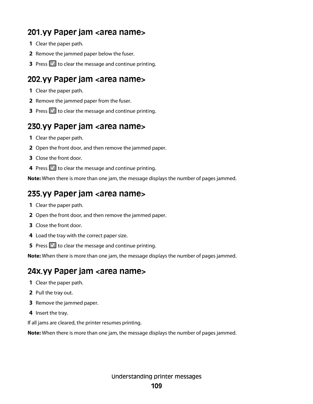 Lexmark C54x Series manual 24x.yy Paper jam area name, 109 