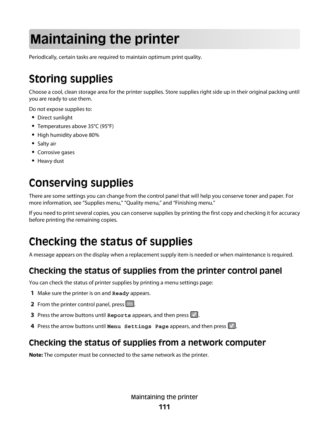 Lexmark C54x Series Main taining th e prin t er, Storing supplies, Conserving supplies, Checking the status of supplies 