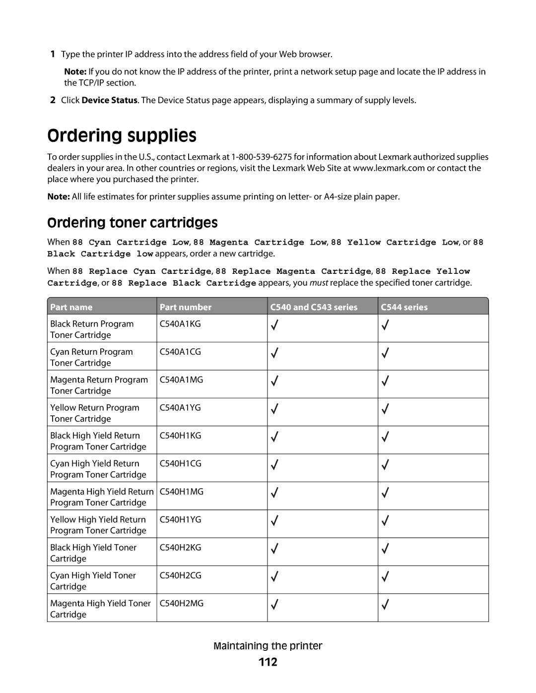 Lexmark C54x Series manual Ordering supplies, Ordering toner cartridges, 112, Part name, C540 and C543 series 