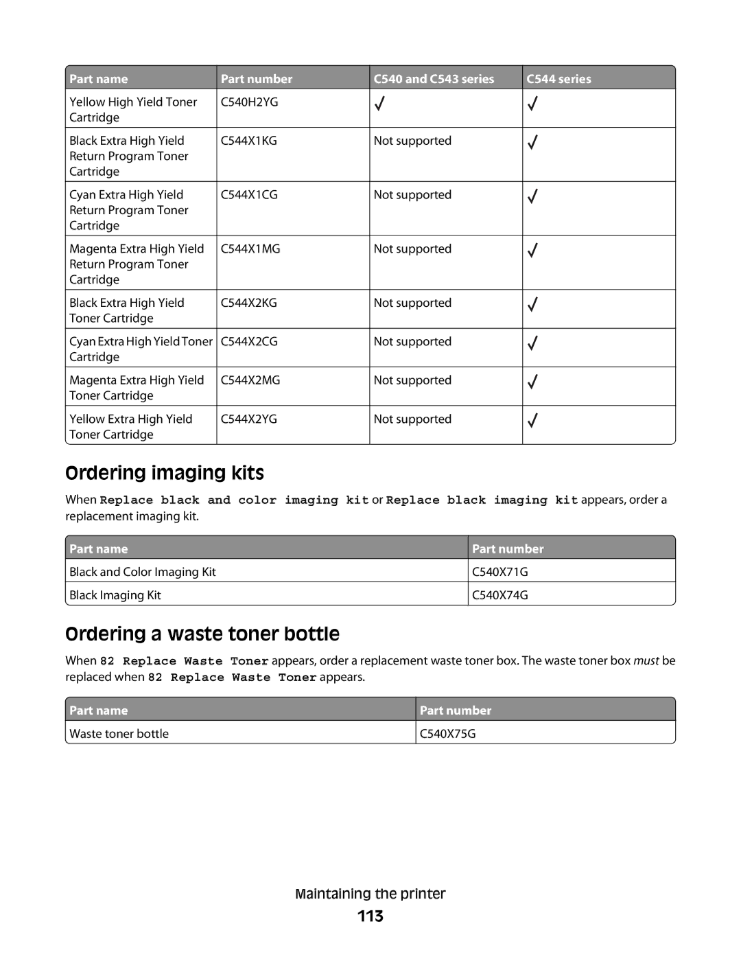 Lexmark C54x Series Ordering imaging kits, Ordering a waste toner bottle, 113, Part name Part number C540 and C543 series 