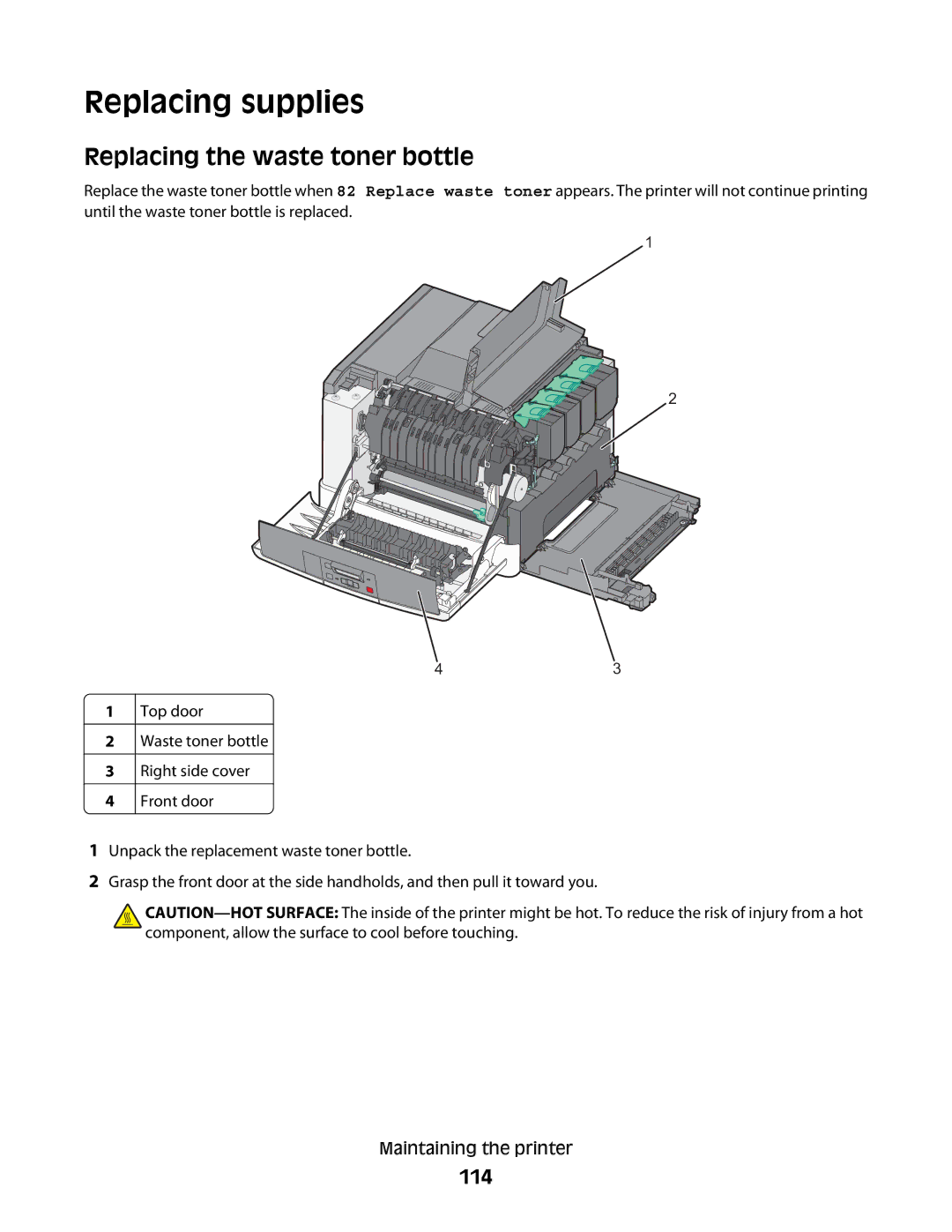 Lexmark C54x Series manual Replacing supplies, Replacing the waste toner bottle, 114 