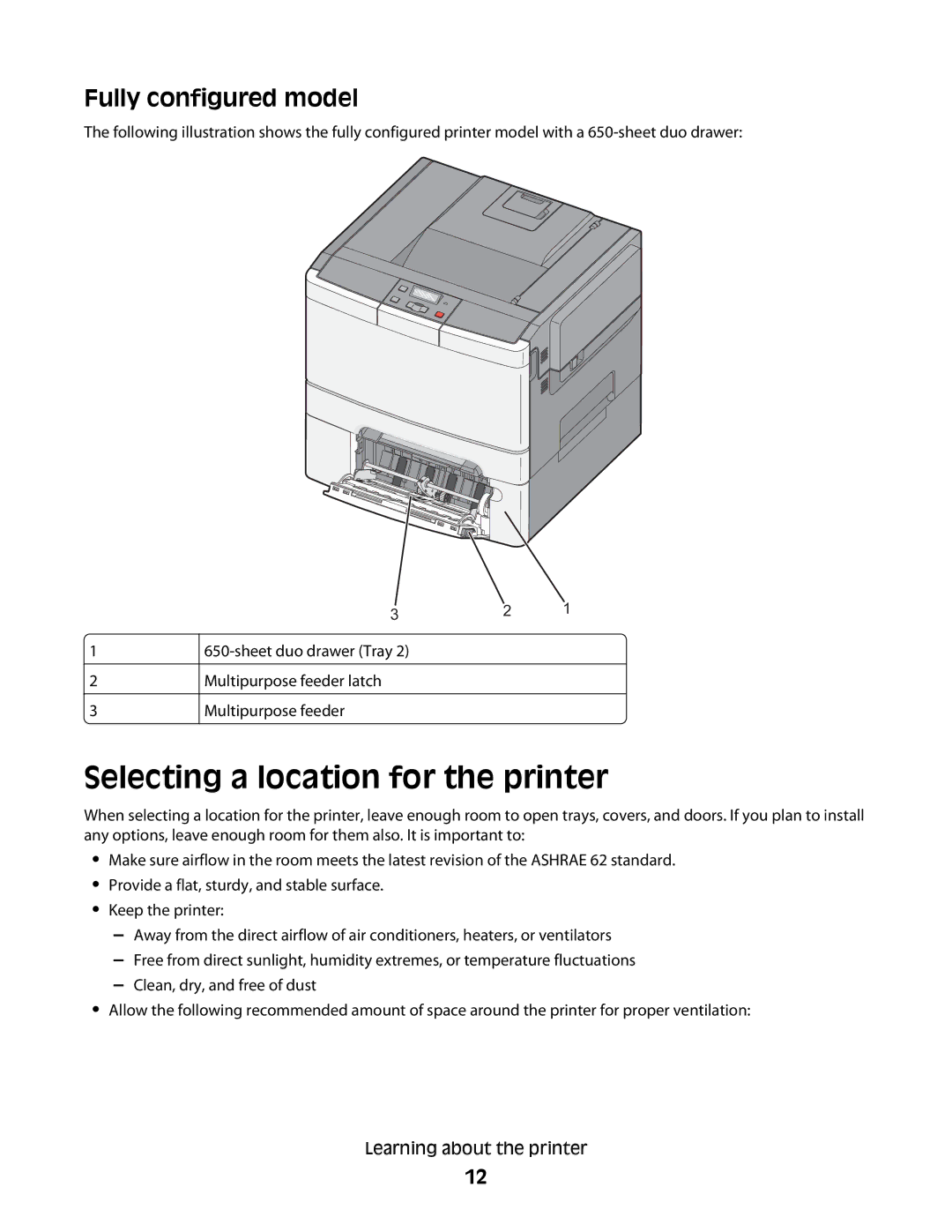 Lexmark C54x Series manual Selecting a location for the printer, Fully configured model 